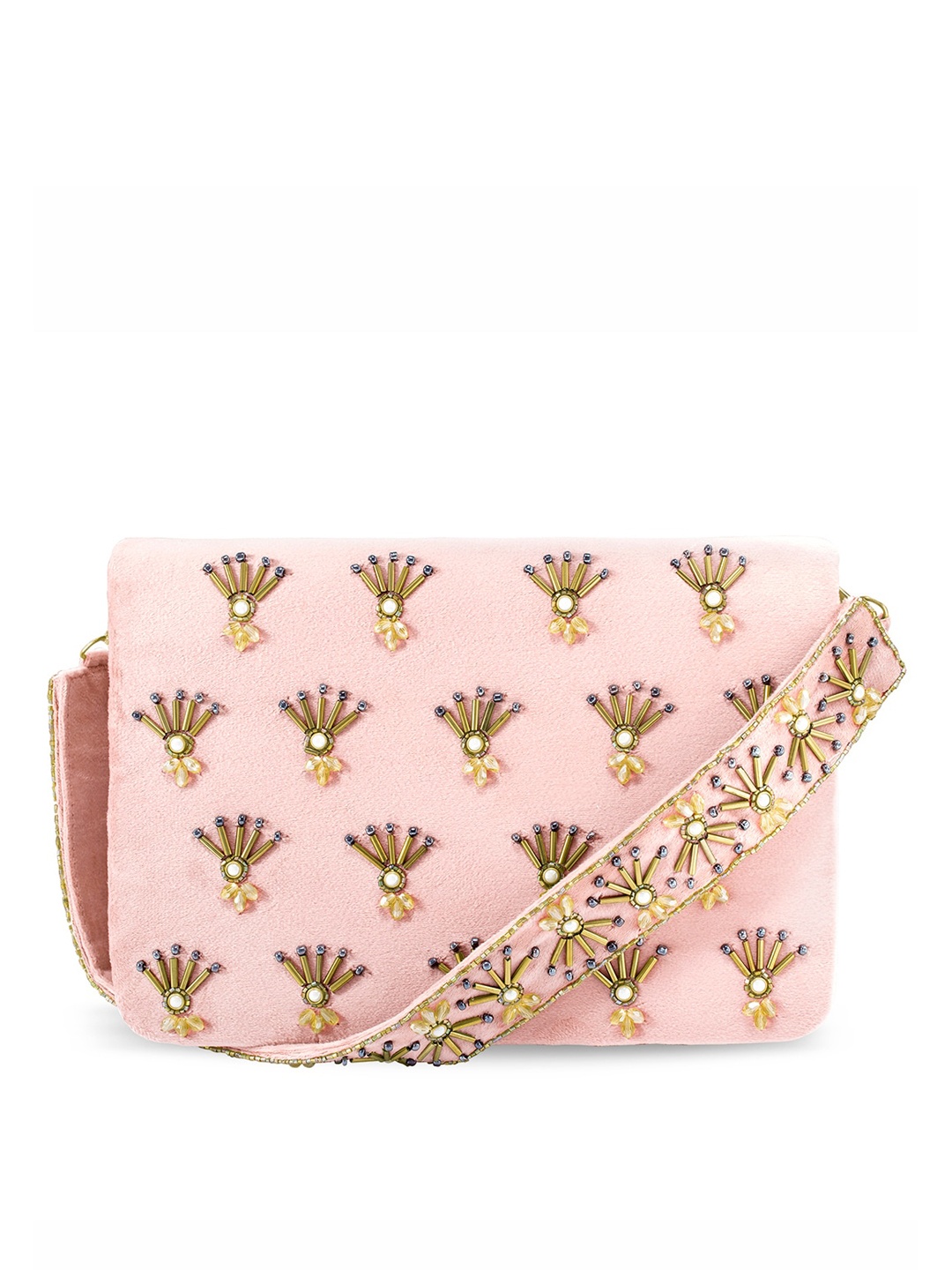 

Peora Peach-Coloured & Gold-Toned Embroidered Purse Clutch