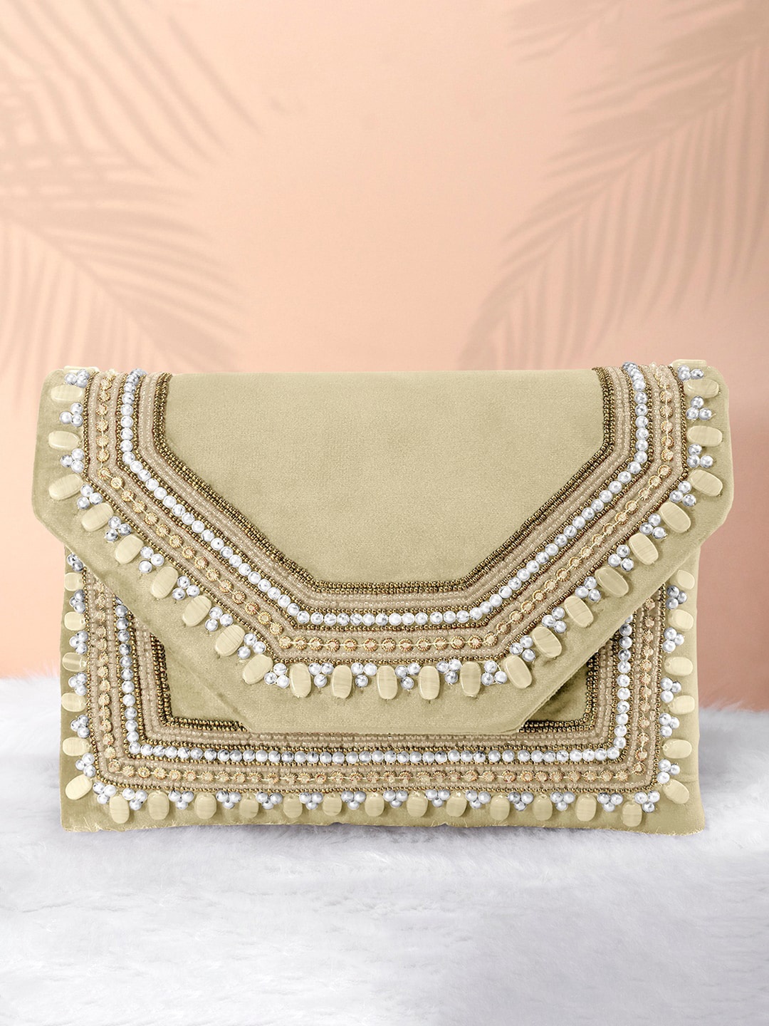 

Peora Women Cream Embellished Clutches With Detachable Strap