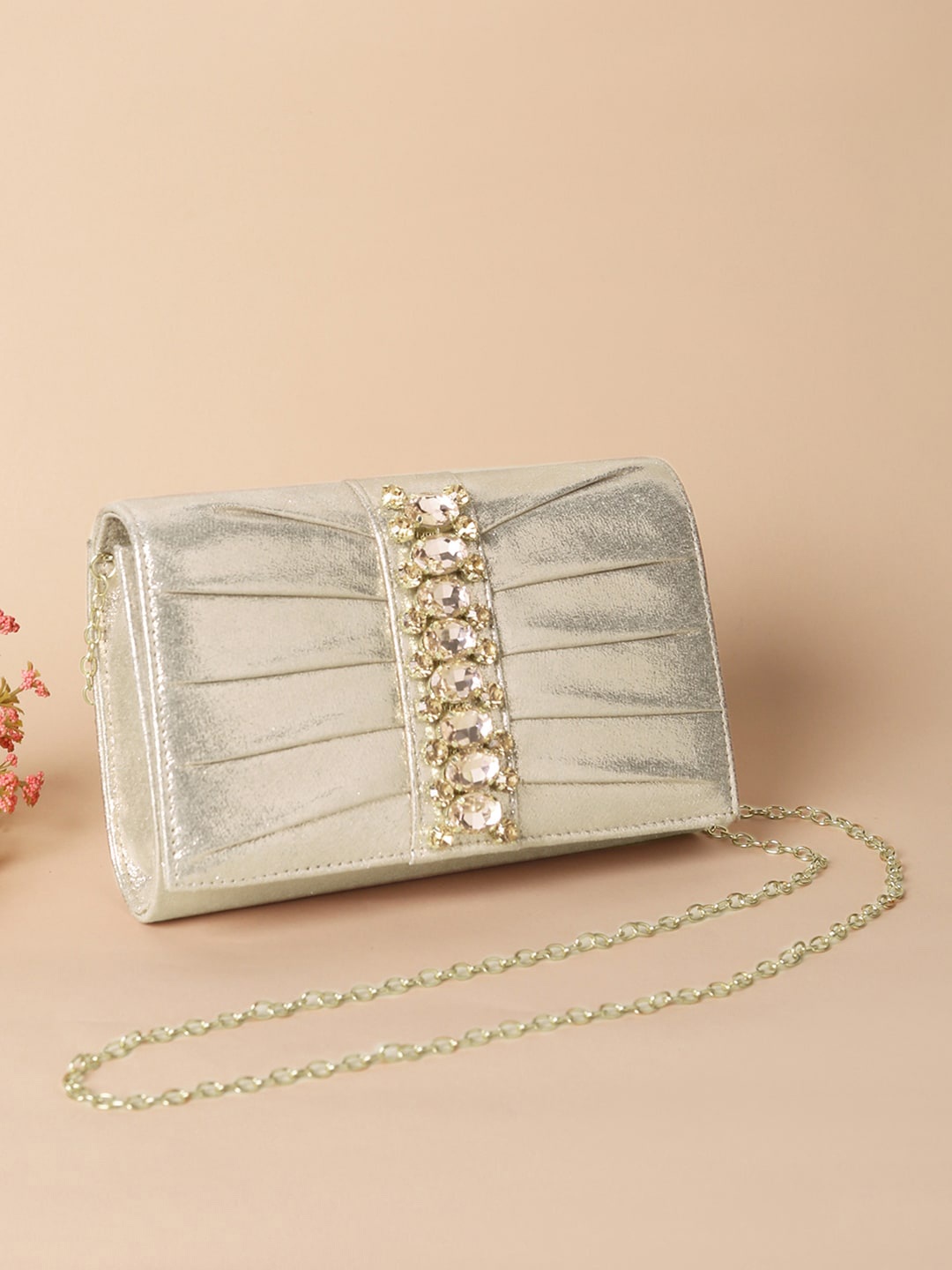 

Peora Gold-Toned & White Embellished Purse Clutch