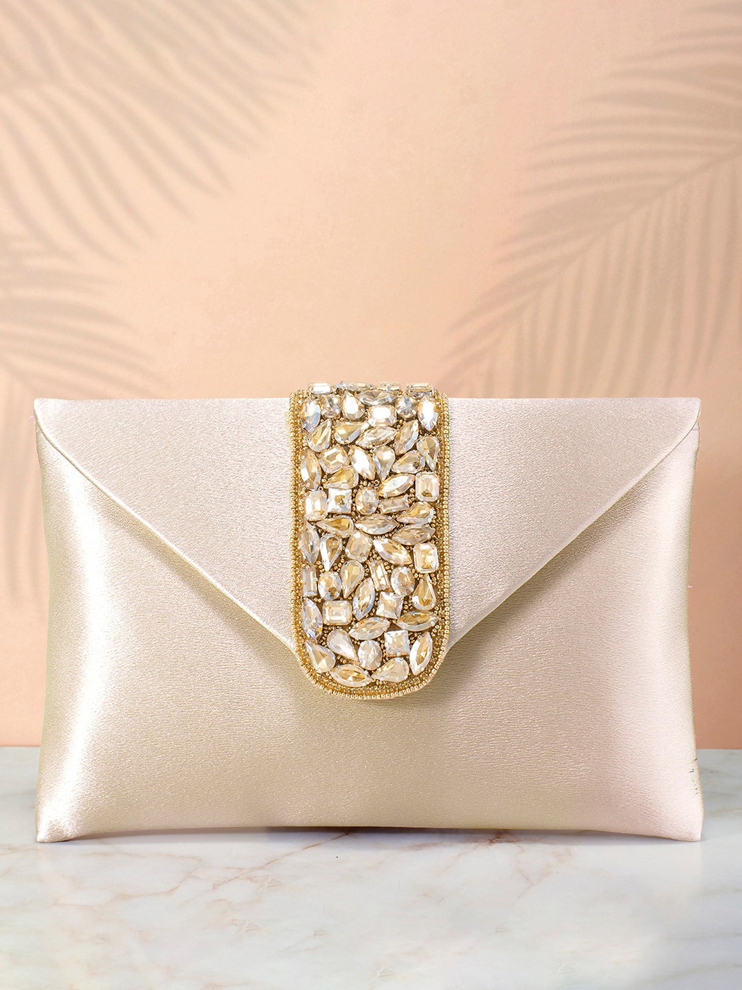 

Peora Cream-Coloured & Gold-Toned Embellished Purse Clutch