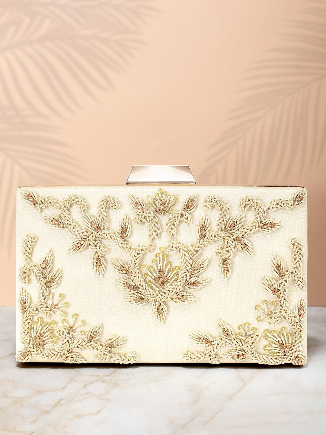 

Peora Cream-Coloured & Gold-Toned Embroidered Box Clutch