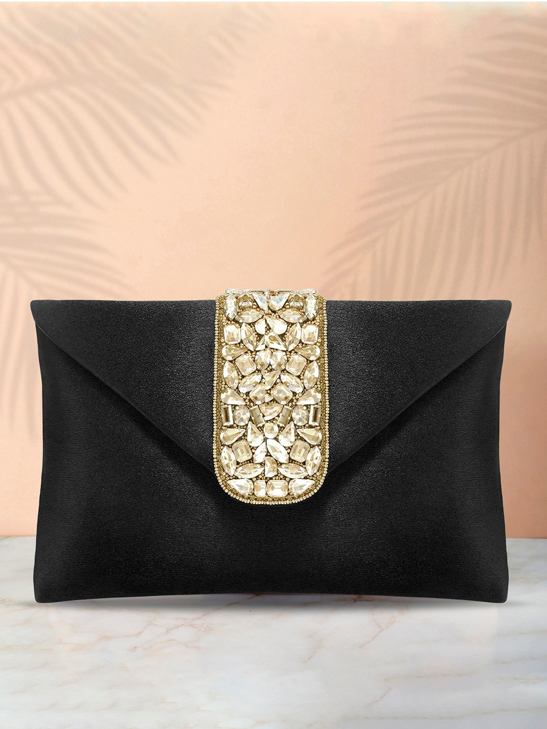 

Peora Black & Gold-Toned Embellished Purse Clutch