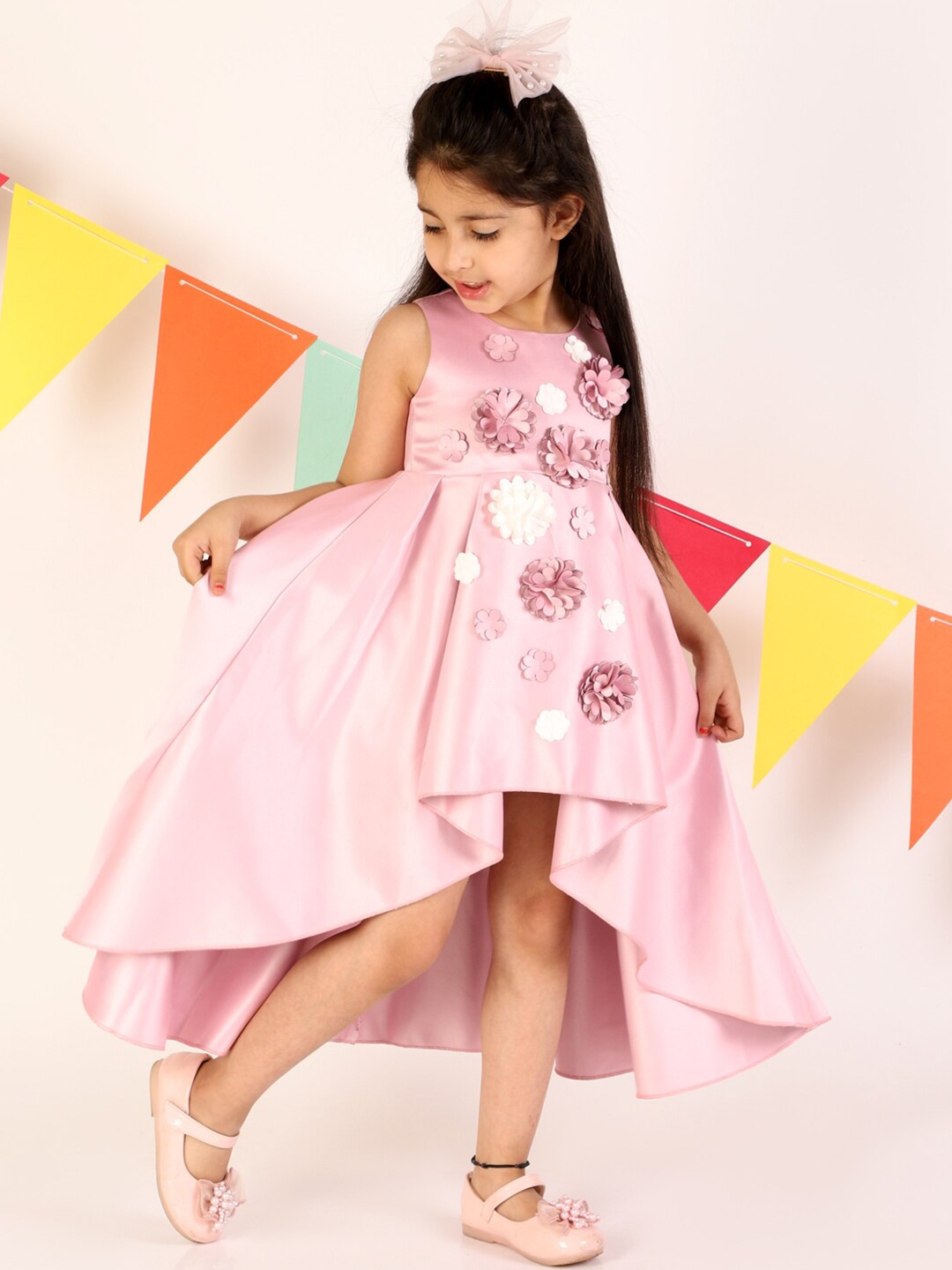 

KidsDew Mauve & misty rose Floral Applique High Low Dress