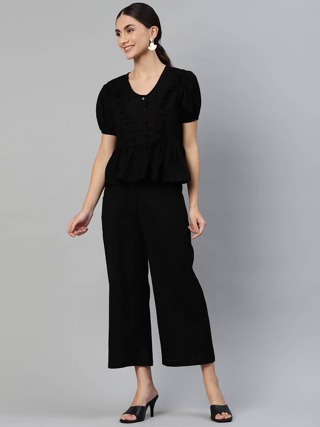 

DEEBACO Women Black Solid Pure Cotton Top with Trousers