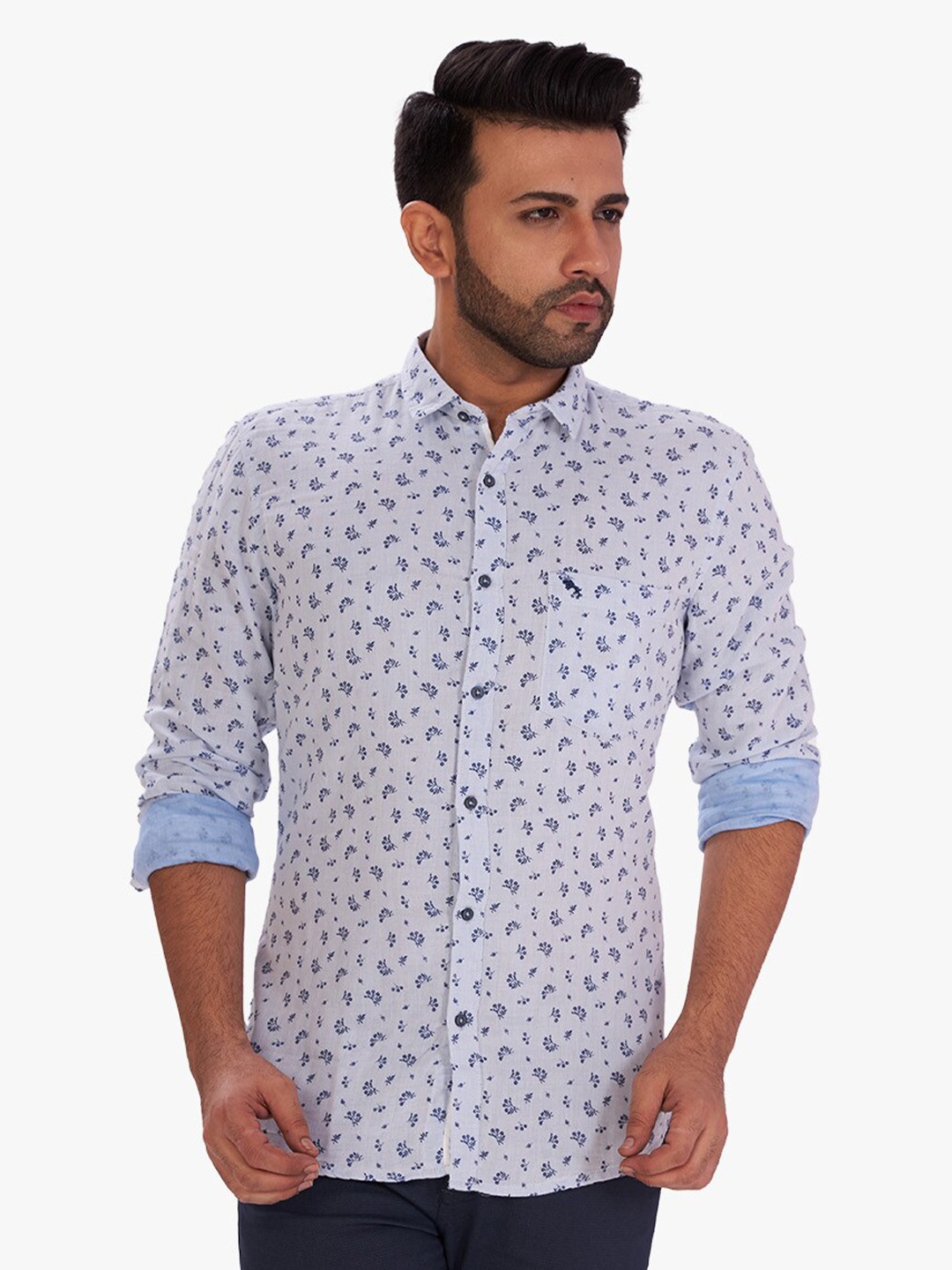 

DCot By Donear Men Blue Comfort Floral Printed Casual Cotton Shirt