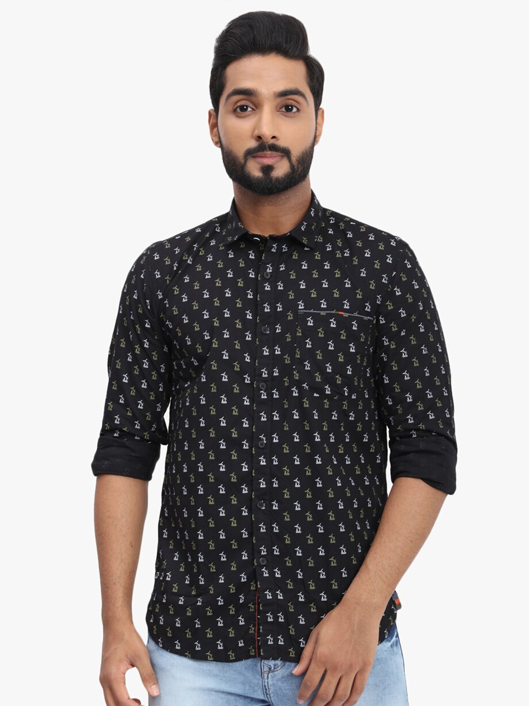 

DCot By Donear Men Black Comfort Printed Casual Shirt