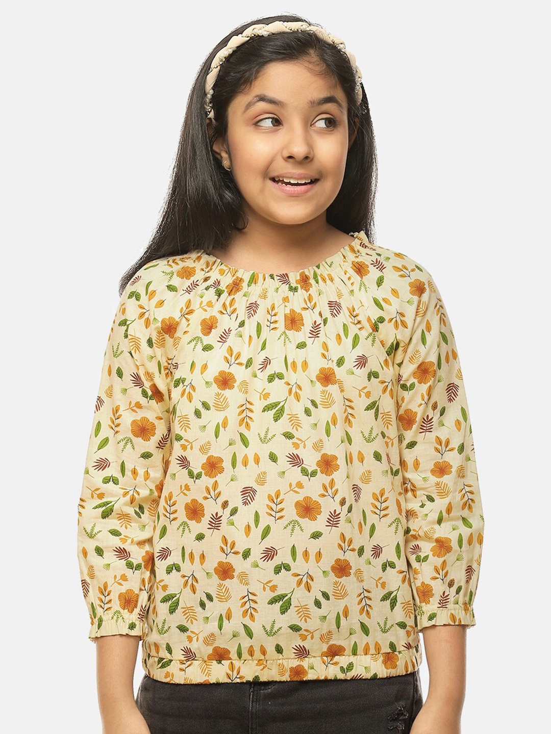 

CACA CINA Beige & Yellow Floral Printed 100% Cotton Blouson Top