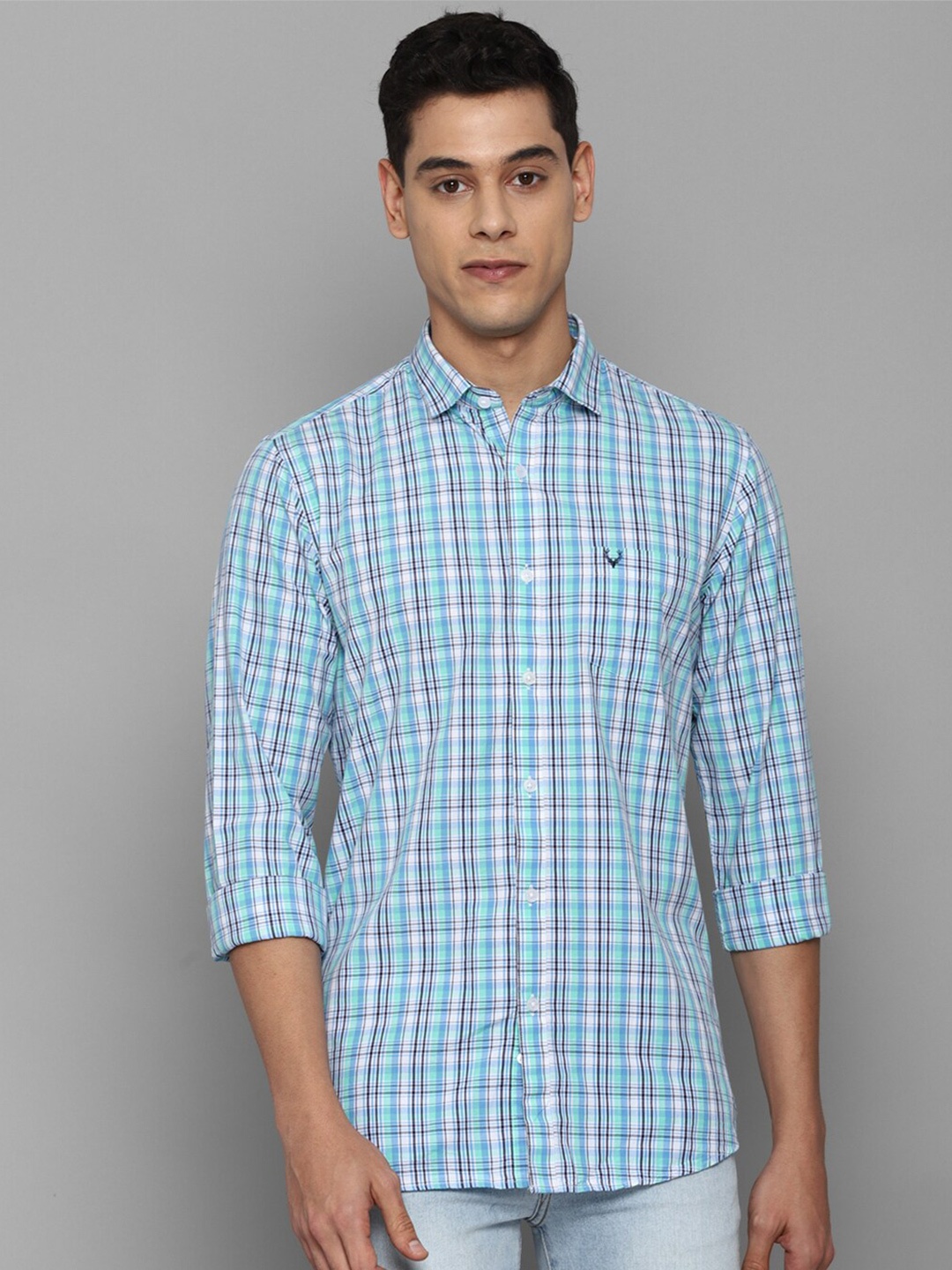 

Allen Solly Men Blue Slim Fit Tartan Checks Checked Casual Cotton Shirt