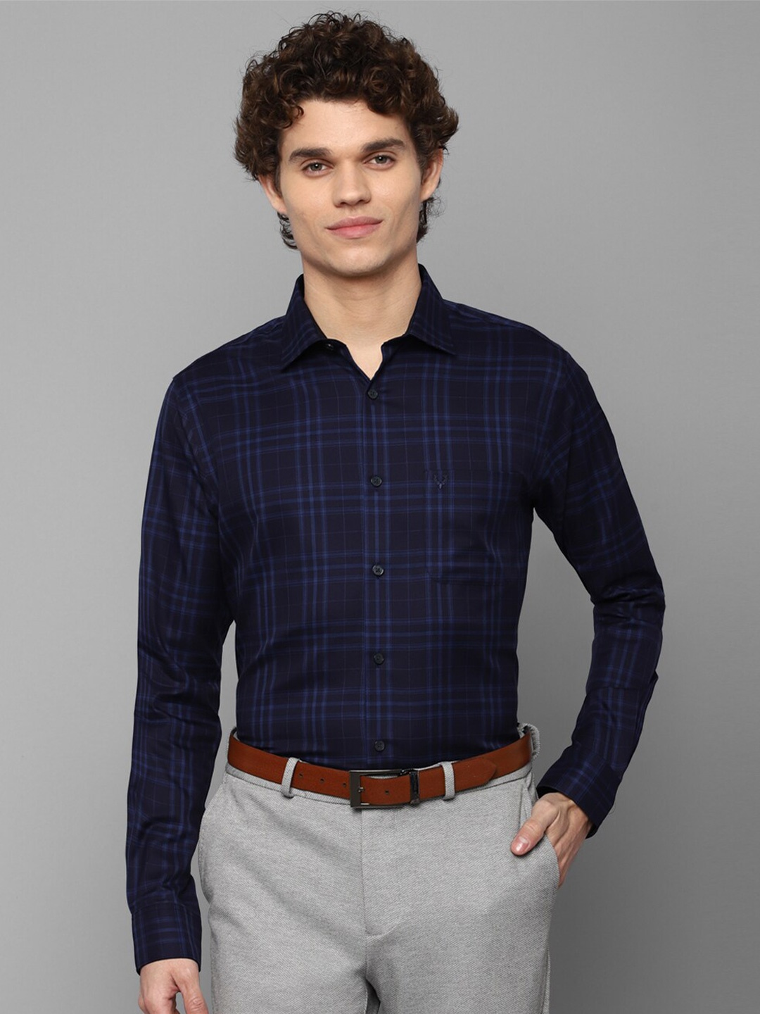 

Allen Solly Men Navy Blue Slim Fit Tartan Checks Checked Formal Cotton Shirt