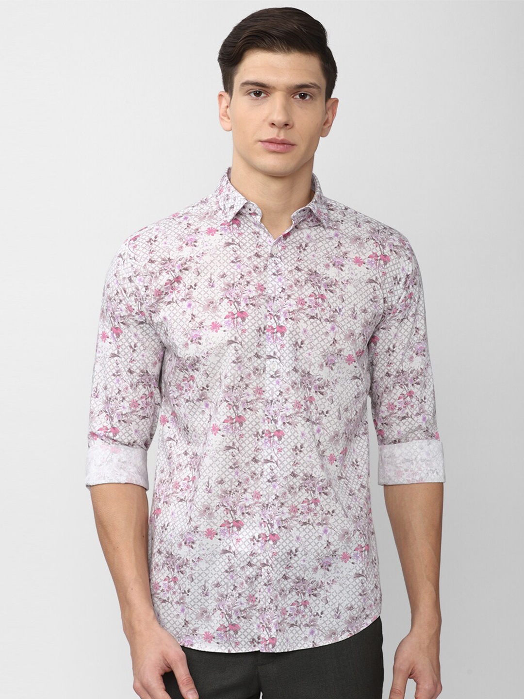 

V Dot Men Grey Slim Fit Floral Printed Cotton Casual Shirt