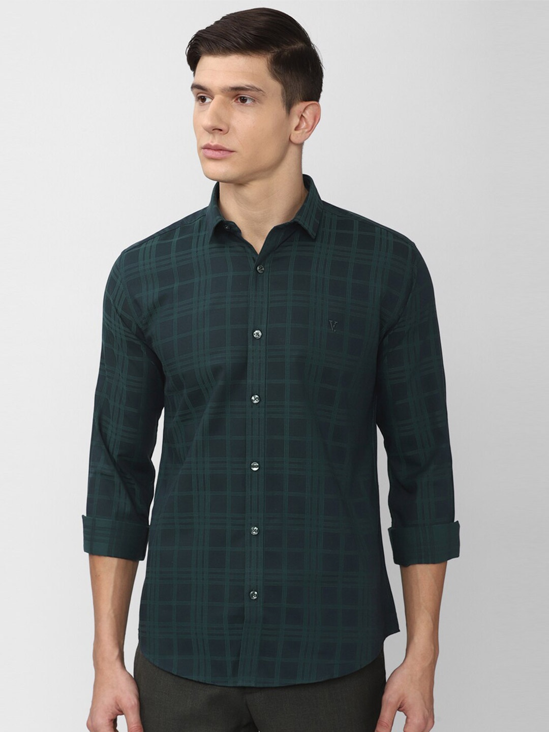 

V Dot Men Green Slim Fit Tartan Checked Cotton Casual Shirt