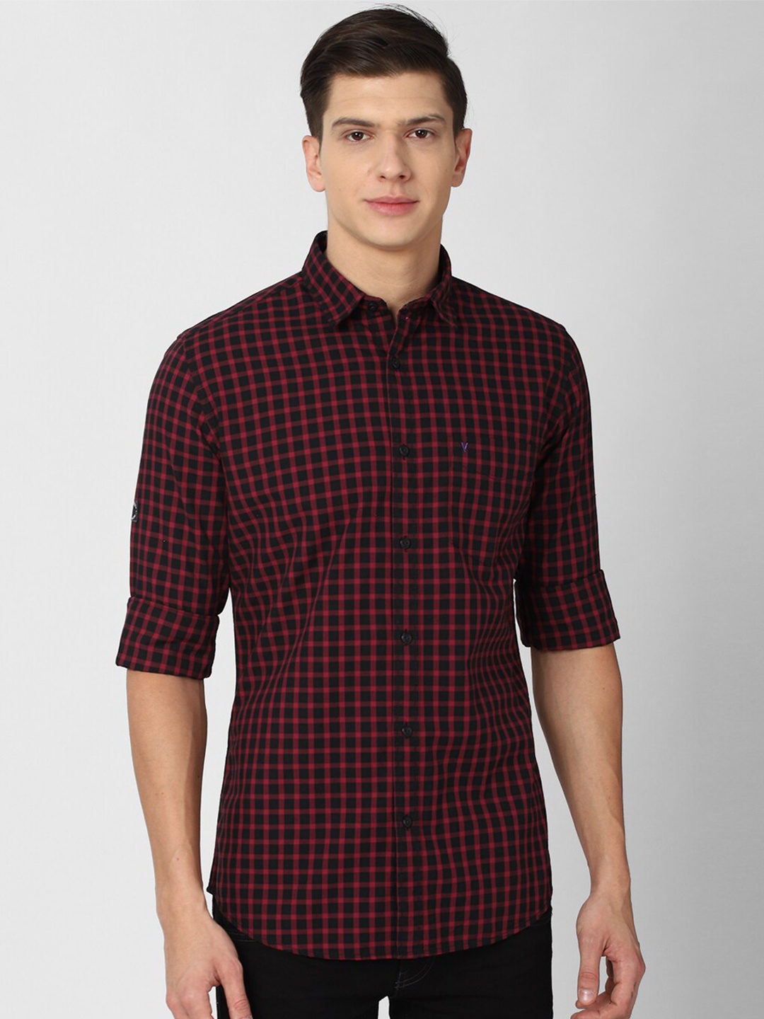 

VAN HEUSEN DENIM LABS Men Maroon Slim Fit Gingham Checked Cotton Casual Shirt