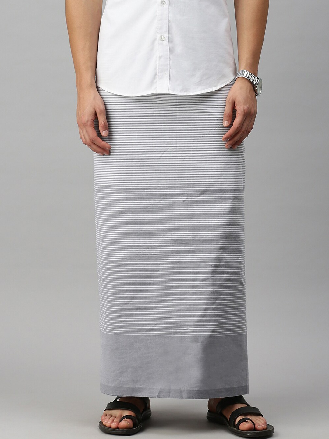 

Ulama Men Grey Striped Pure Cotton Dhotis