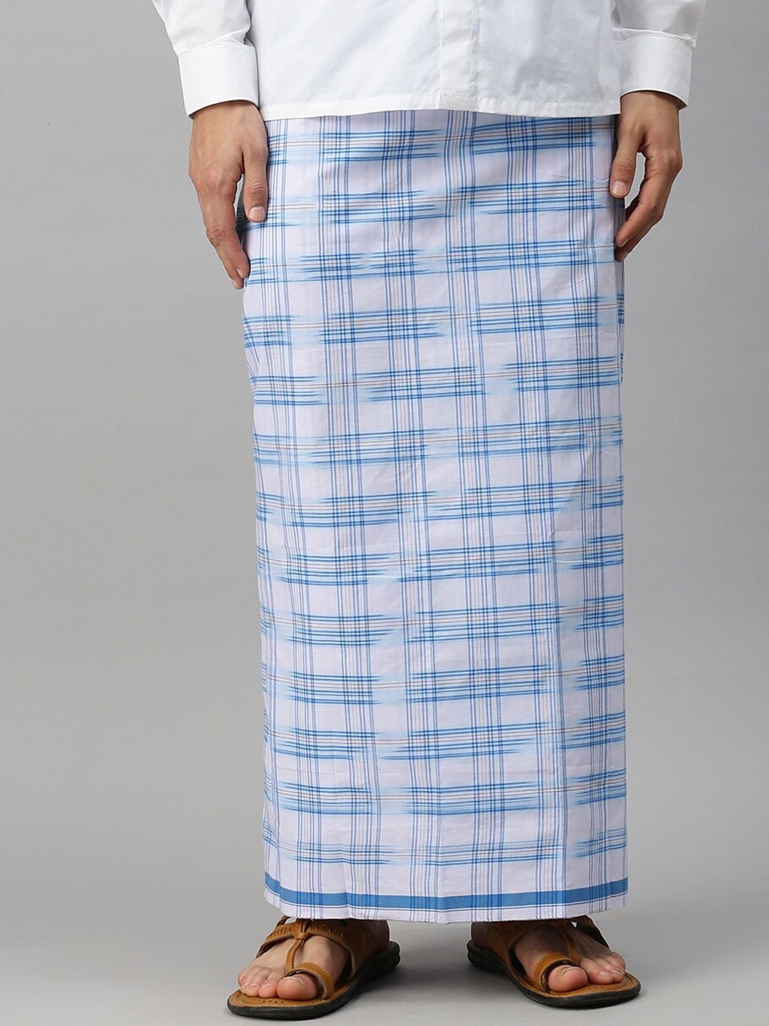 

Ulama Men White & Blue Checked Pure Cotton Dhotis