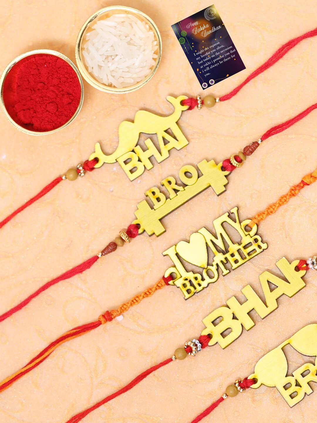 

Silver Shine Set Of 5 Red & Gold-Toned Rakhi With Roli Chawal & Greeting Card