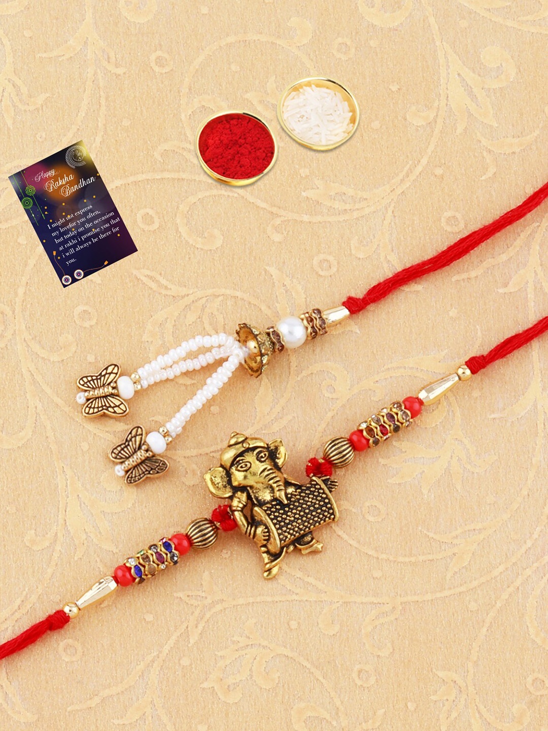 

Silver Shine Red & Gold-Toned 1 Rakhi 1 Bhabhi Rakhi With Roli Chawal Greeting Card