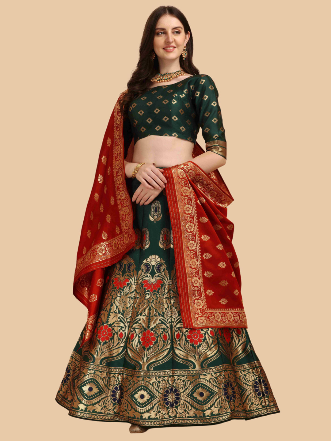 

HERE&NOW Women Green & Red Semi-Stitched Lehenga & Unstitched Blouse With Dupatta