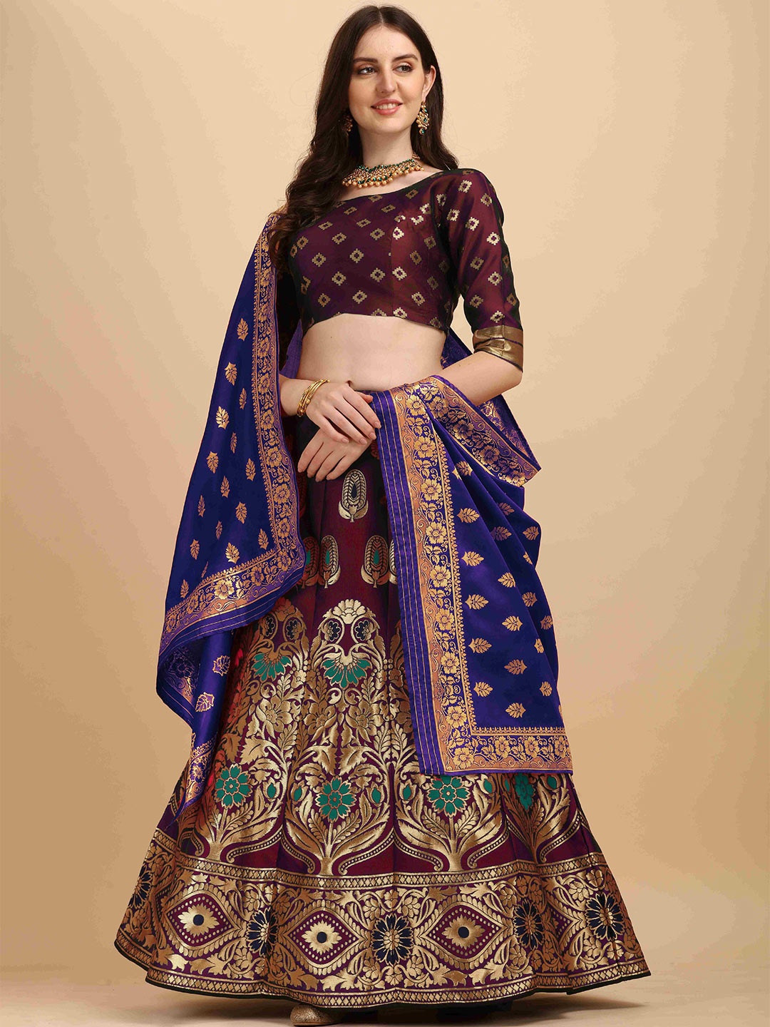 

HERE&NOW Maroon & Gold-Toned Semi-Stitched Lehenga & Unstitched Blouse With Dupatta