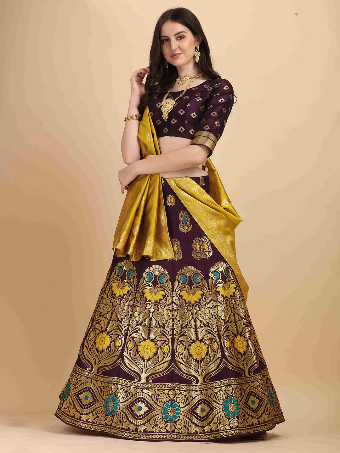 

HERE&NOW Purple & Gold-Toned Semi-Stitched Lehenga & Unstitched Blouse With Dupatta