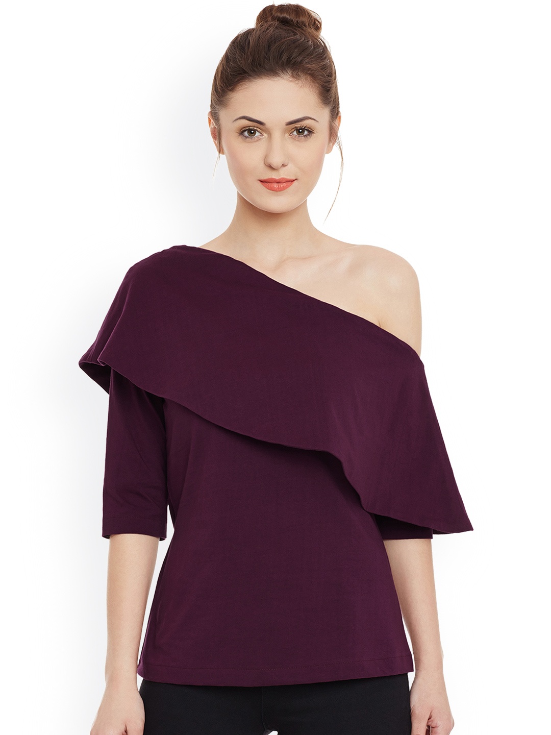 

Miss Chase Women Burgundy Solid One-Shoulder Layered Pure Cotton Top