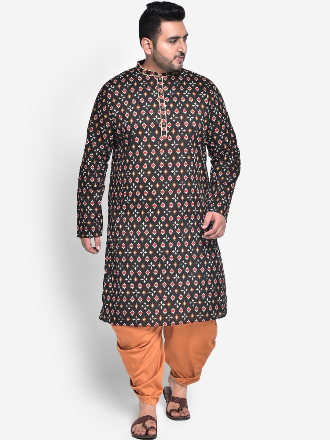 

KISAH PLUS Plus Size Men Black & Red Ethnic Motifs Printed Kurta