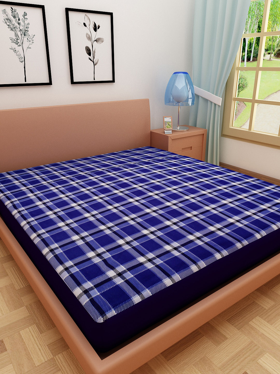 

DREAM CARE Navy Blue & White Checked Single Size Mattress Protector