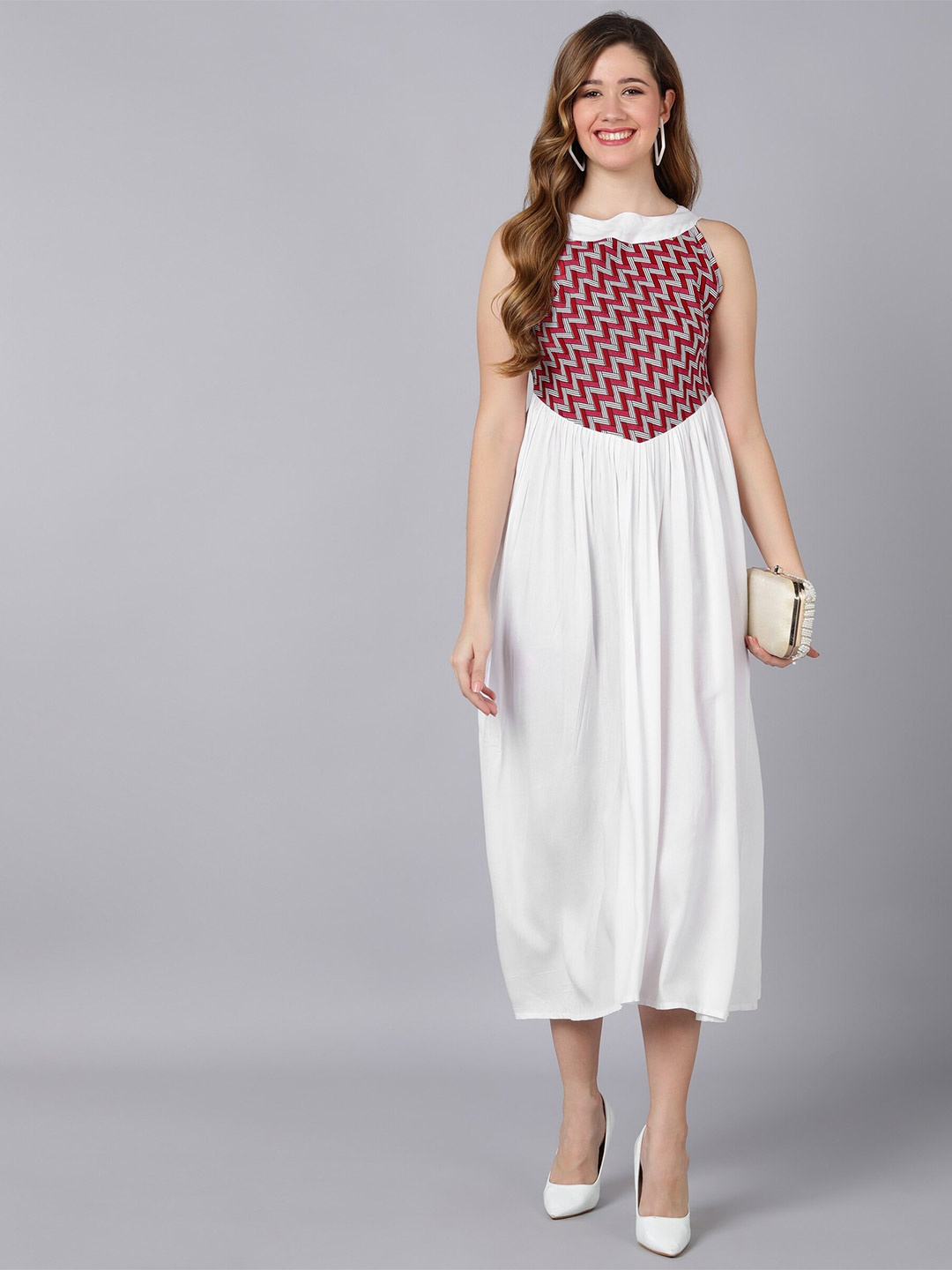 

Indi INSIDE White & Maroon A-Line Midi Dress