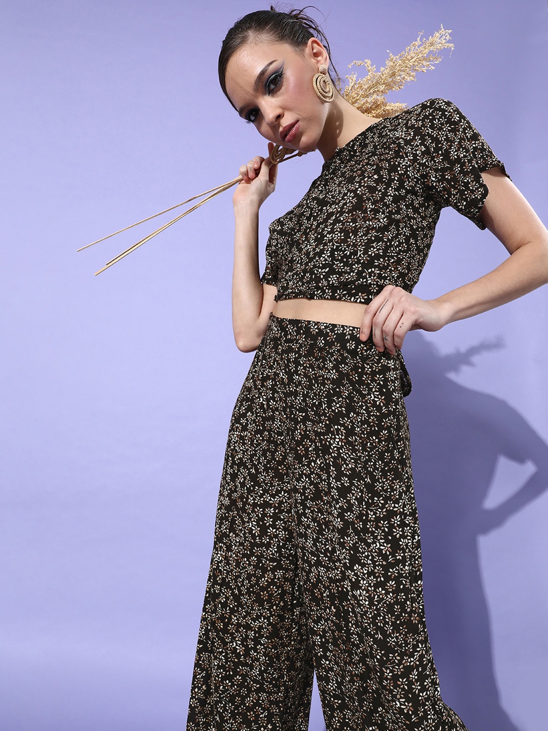 

HERSHEINBOX Women Brown Printed Top with Palazzos