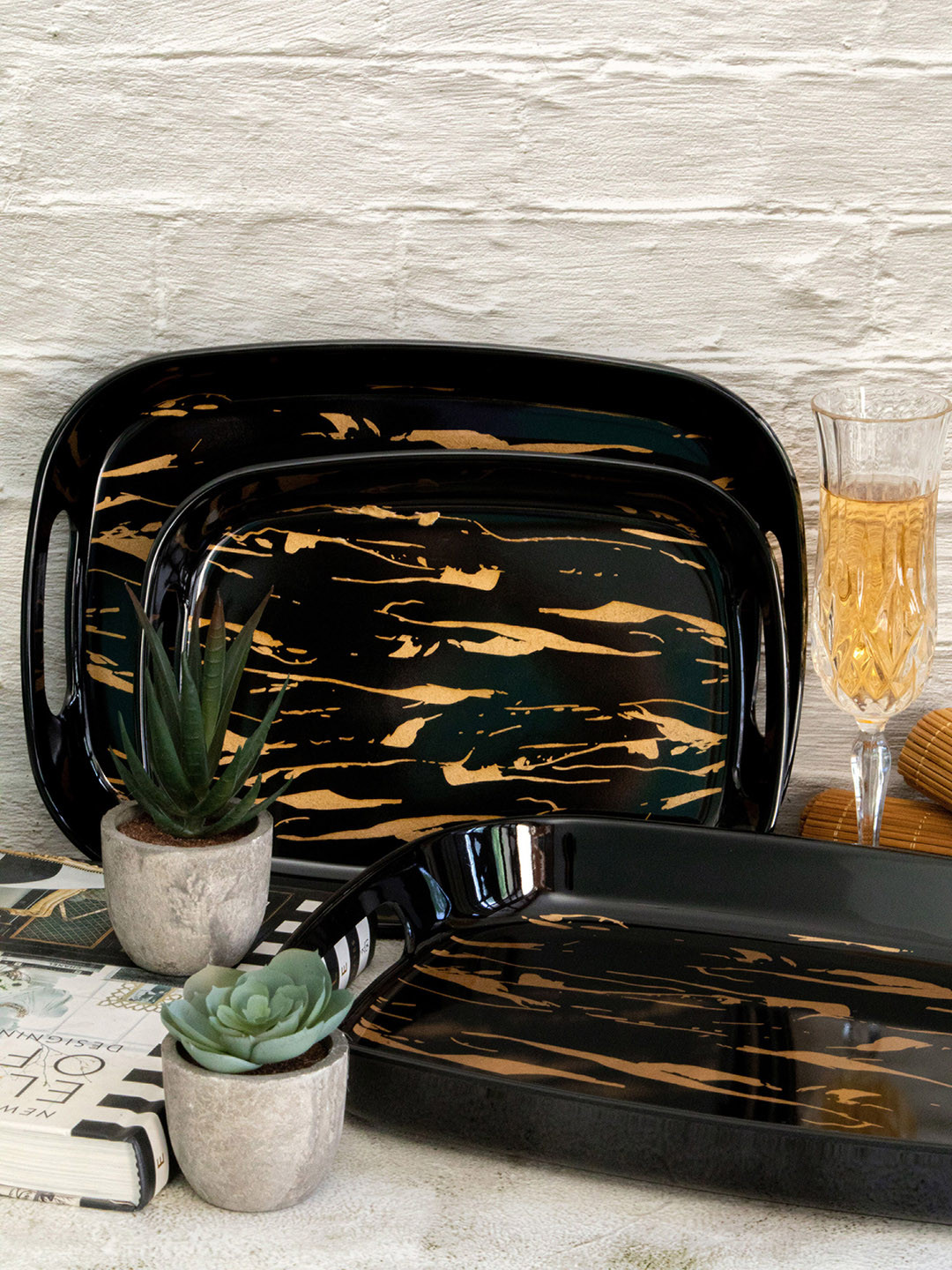 

Stehlen Set Of 3 Printed Oval Melamine Trays, Black