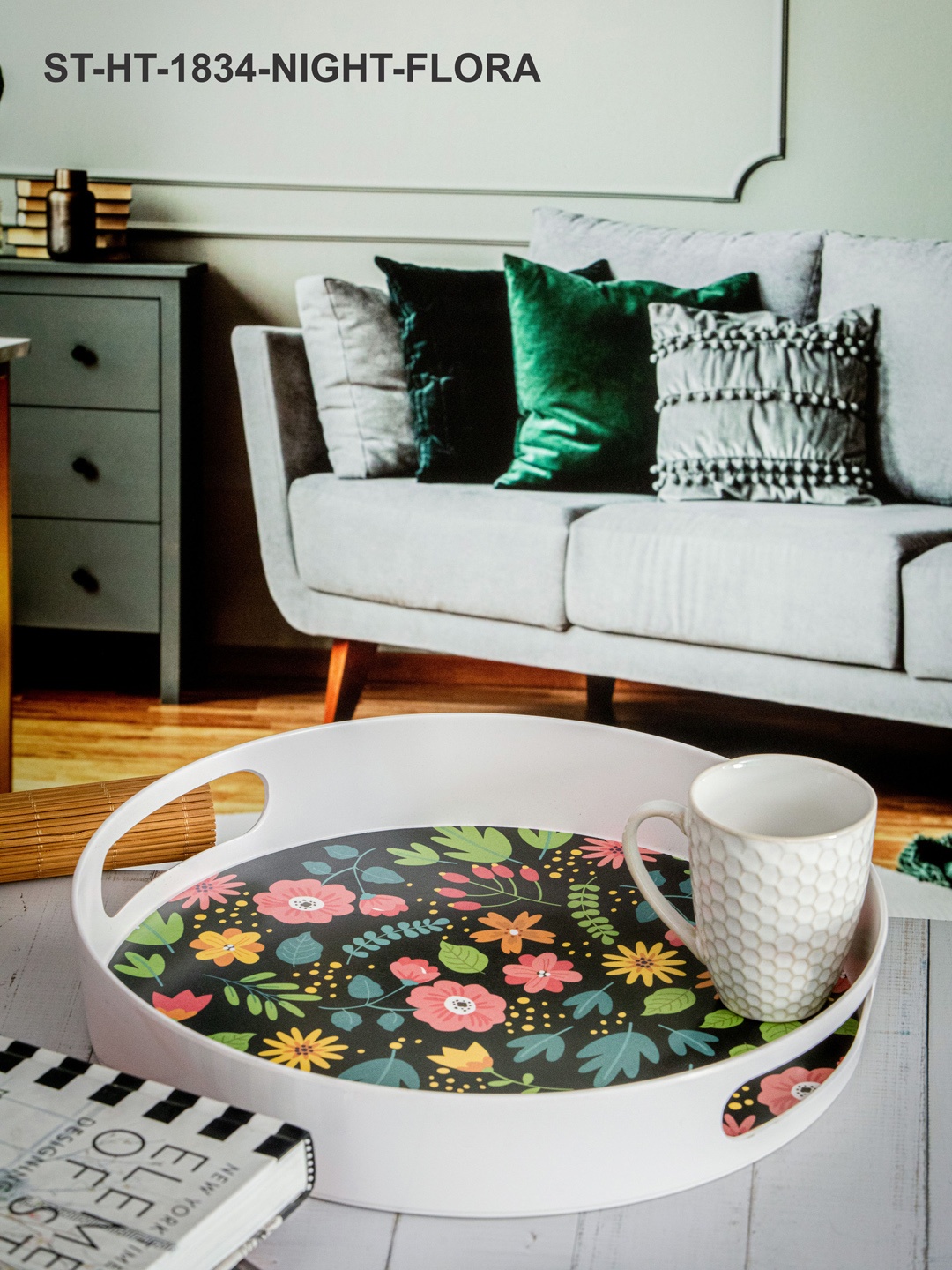 

Stehlen Black Printed Round Serving Tray with Handle