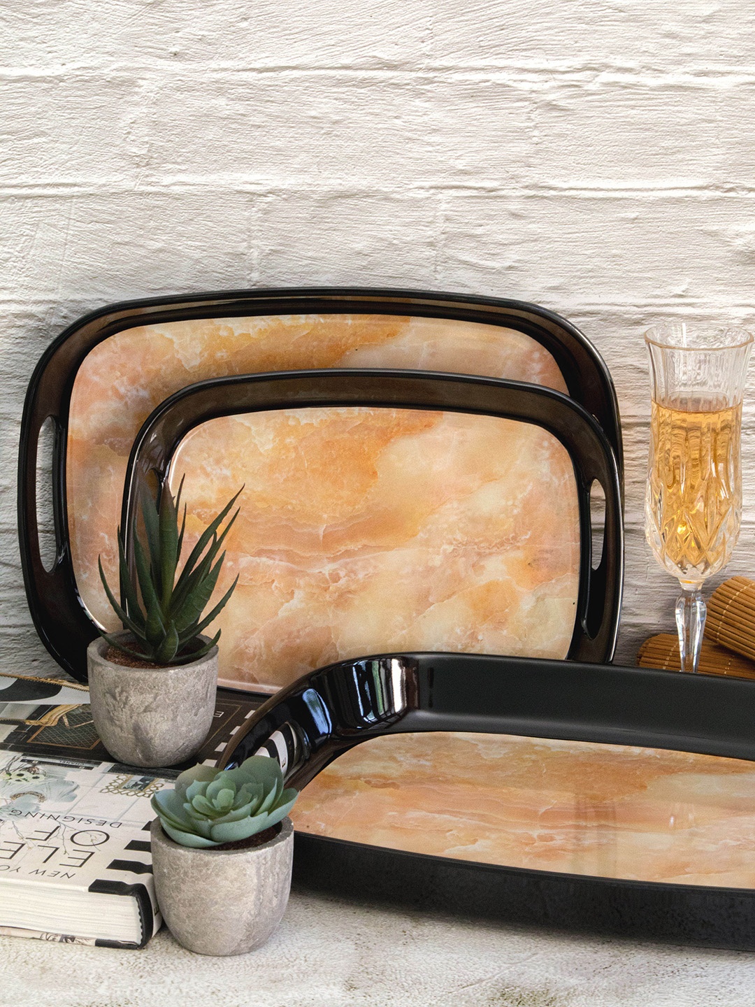 

Stehlen Set Of 3 Decorative Serving Tray with Handle, Gold