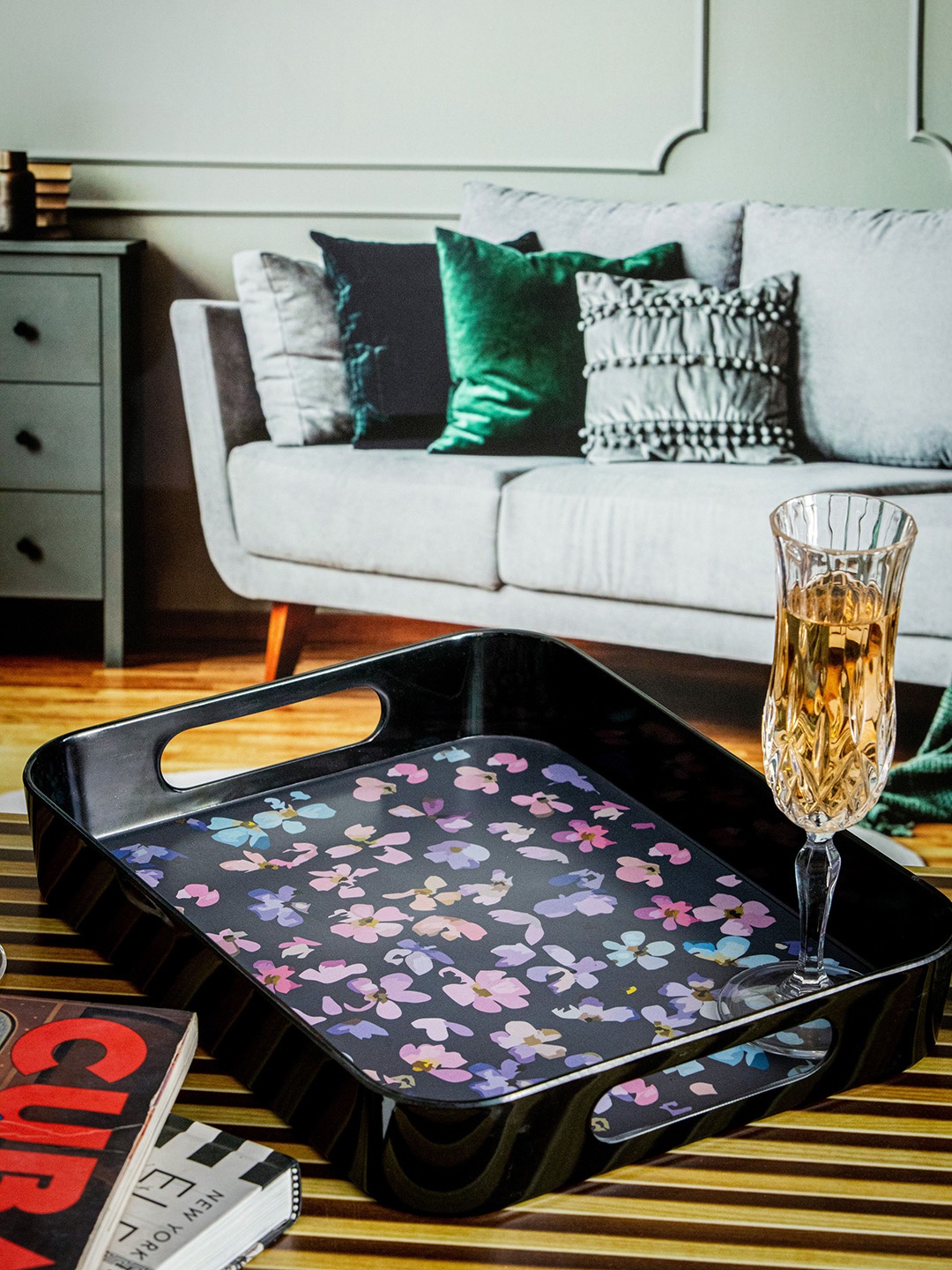 Stehlen Black & Pink Printed Decorative Rectangle Serving Tray