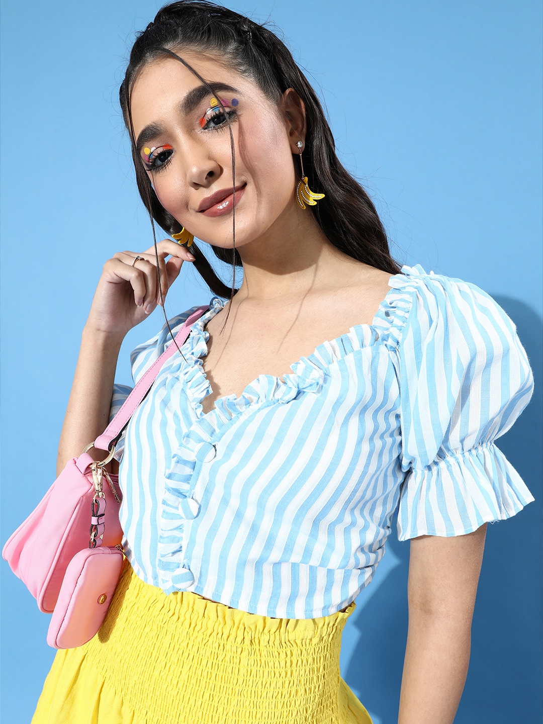 

HERSHEINBOX Stunning Blue Vertical Striped Ruffle Top
