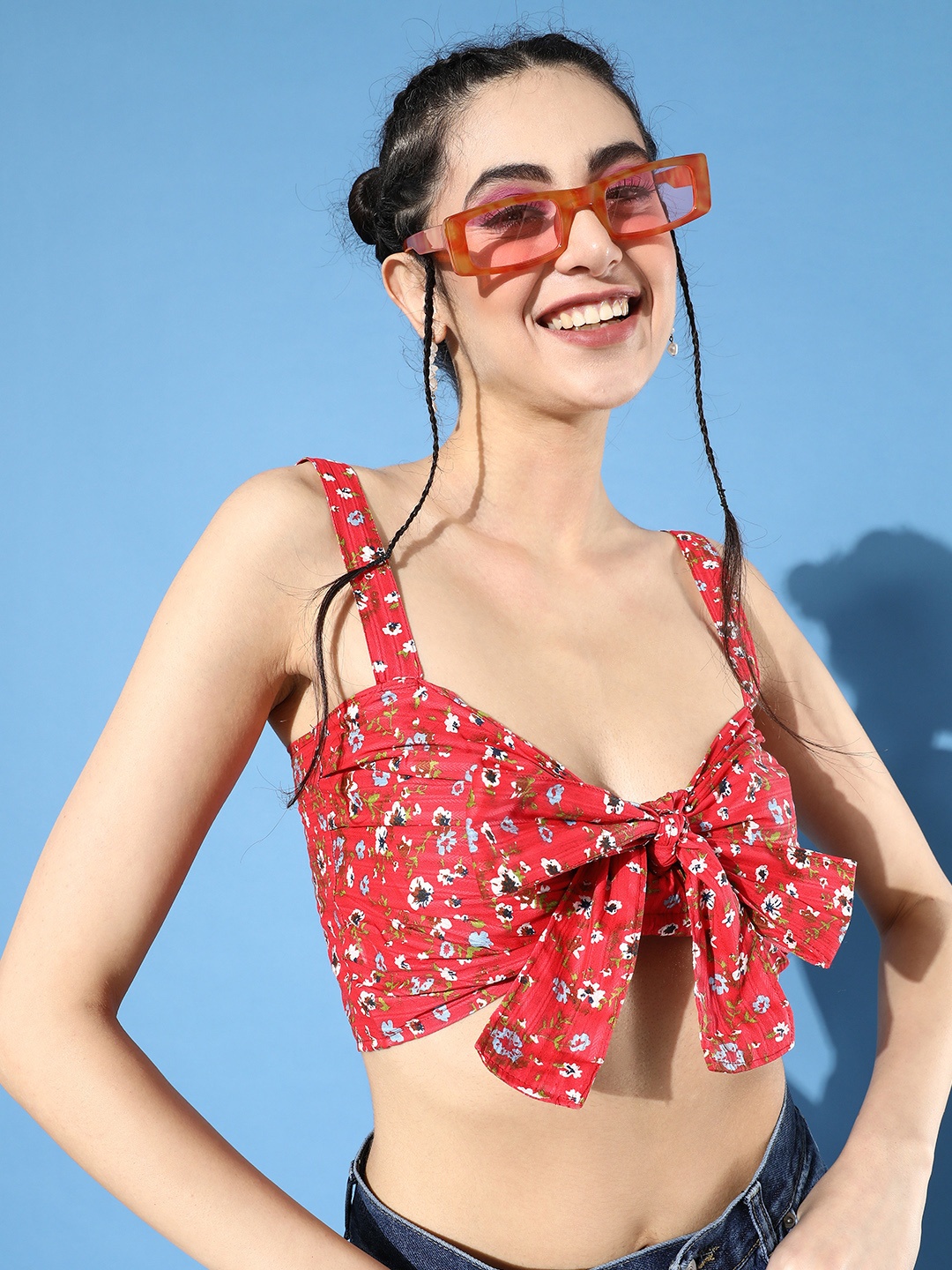 

HERSHEINBOX Floral Print Shoulder Straps Tie-Ups Pleated Empire Crop Top, Red