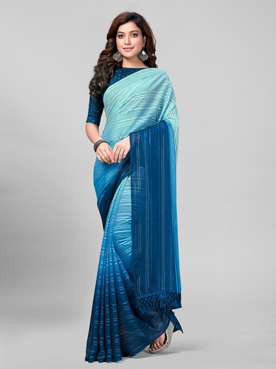 

Mitera Blue & Green Embellished Striped Sequinned Saree