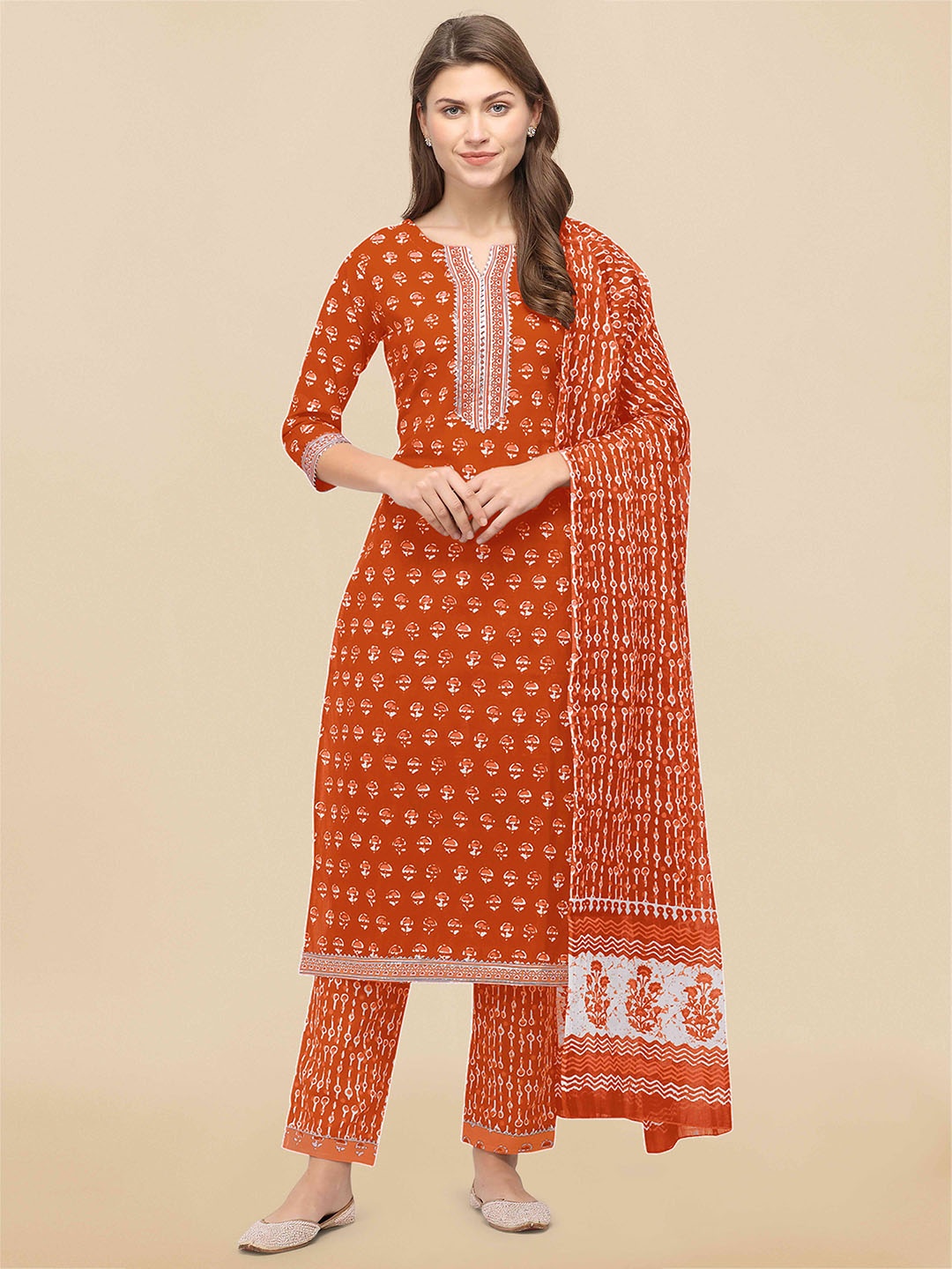 

KALINI Women Orange Printed Cotton Blend Kurta with Trousers & With Dupatta