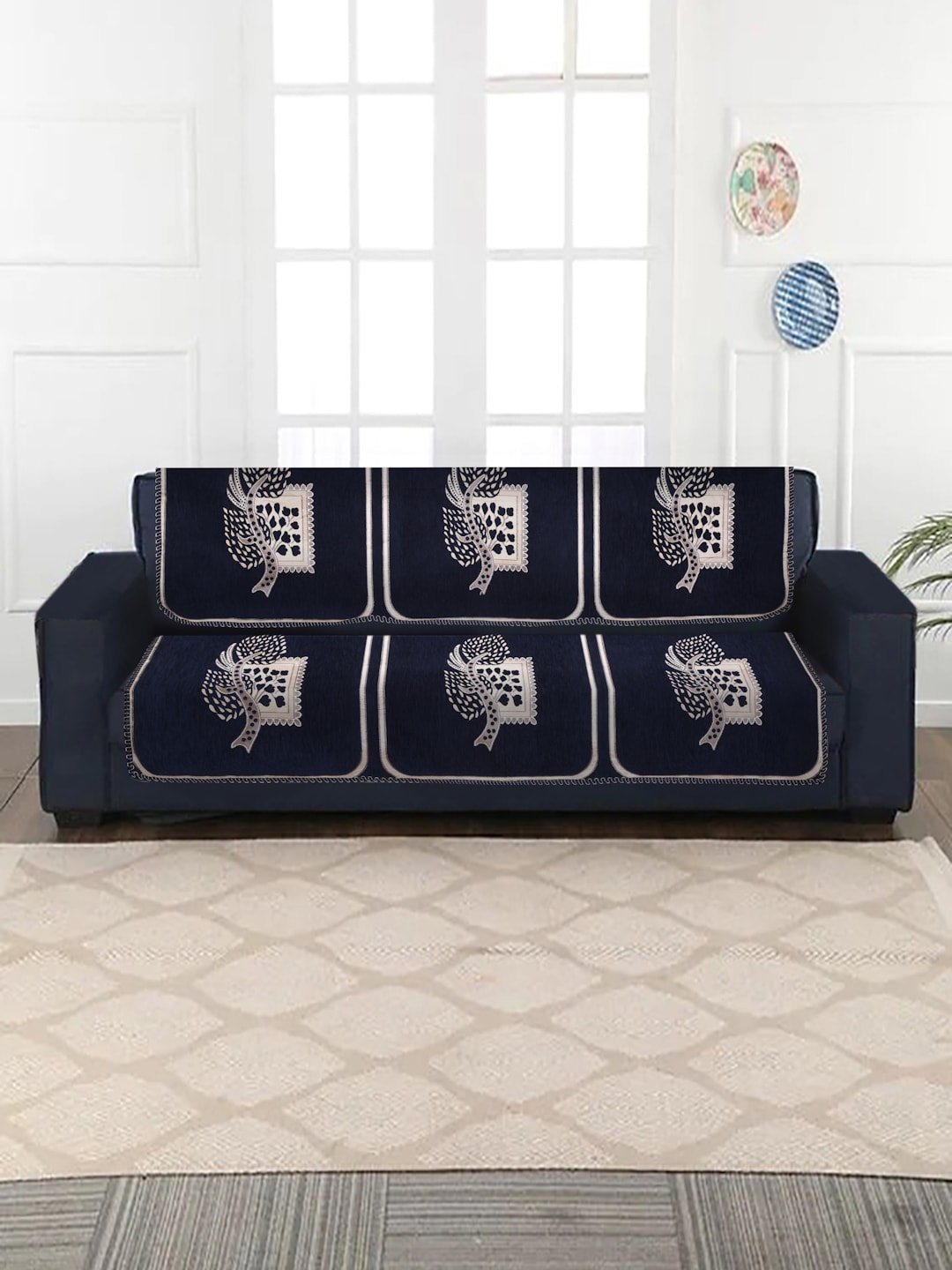 

MULTITEX 10 Pcs Blue & Beige Floral 5-Seater Sofa Covers