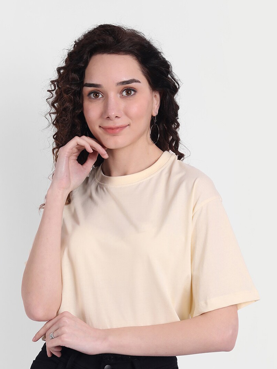 

COLOR CAPITAL Women Beige Solid Extended Sleeves Tropical Boxy T-shirt