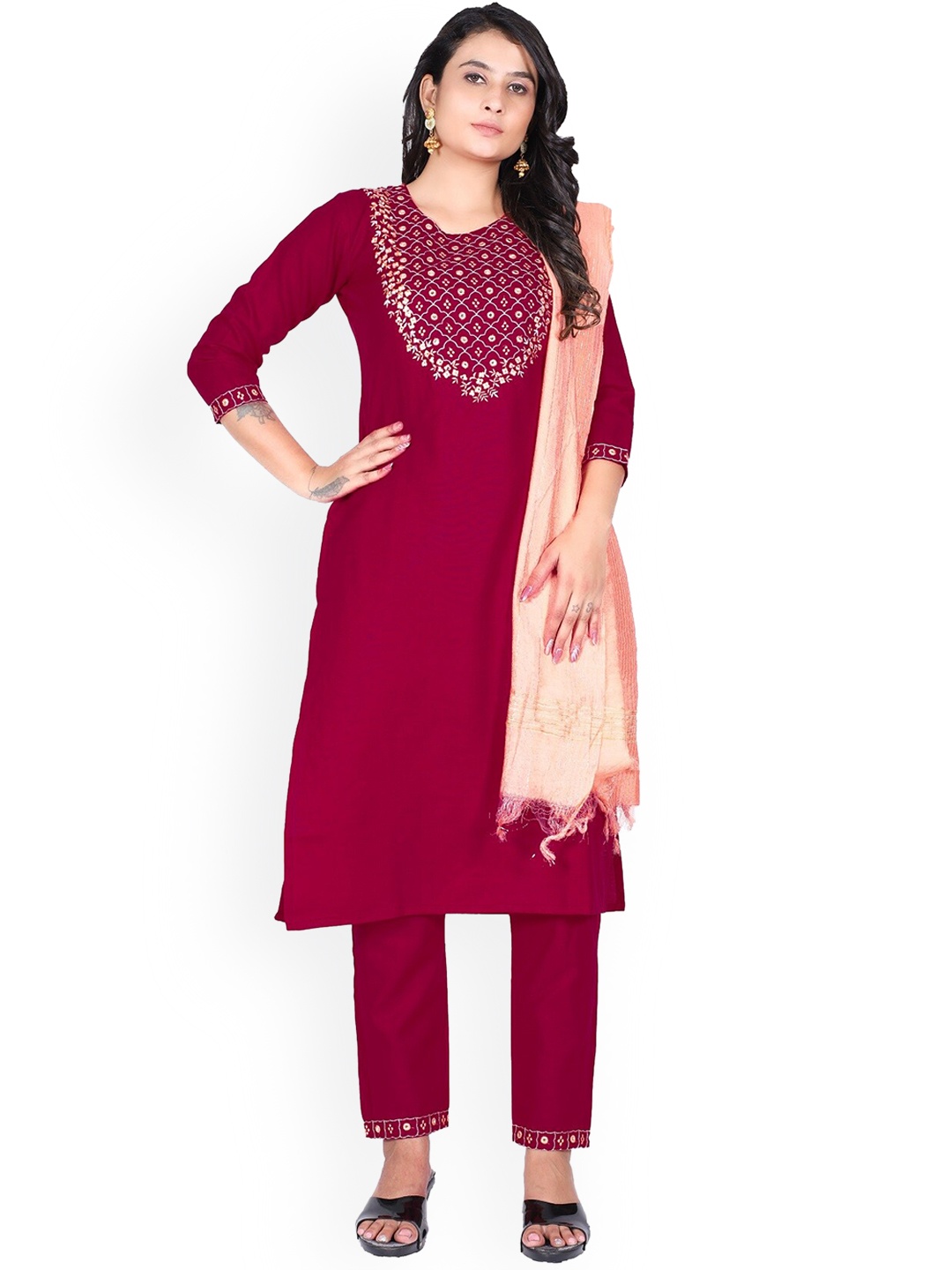 

KALINI Women Maroon & Peach Embroidered Yoke Design Kurta with Trousers & With Dupatta