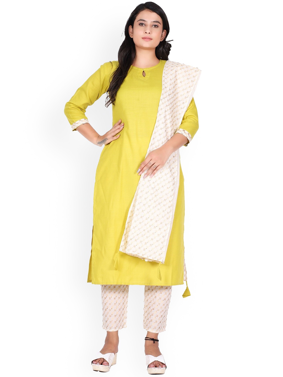 

KALINI Women Yellow Kurti with Trousers & With Dupatta