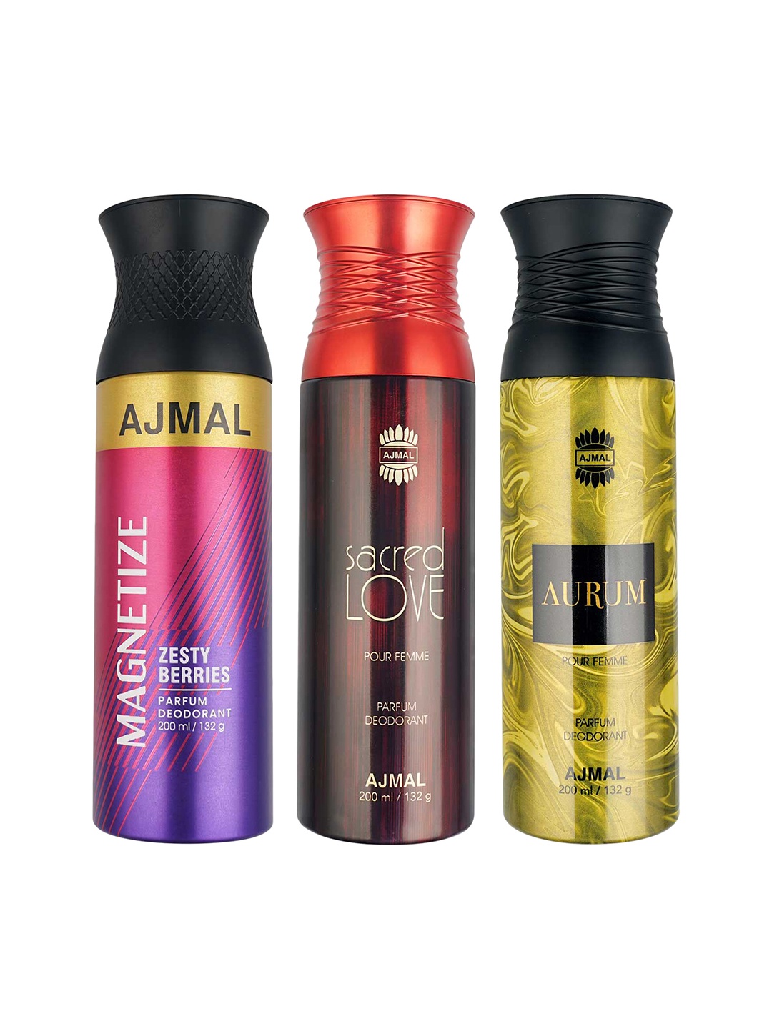 

Ajmal Set of Magnetize + Sacred Love + Aurum Deodorant - 200 ml Each, Red