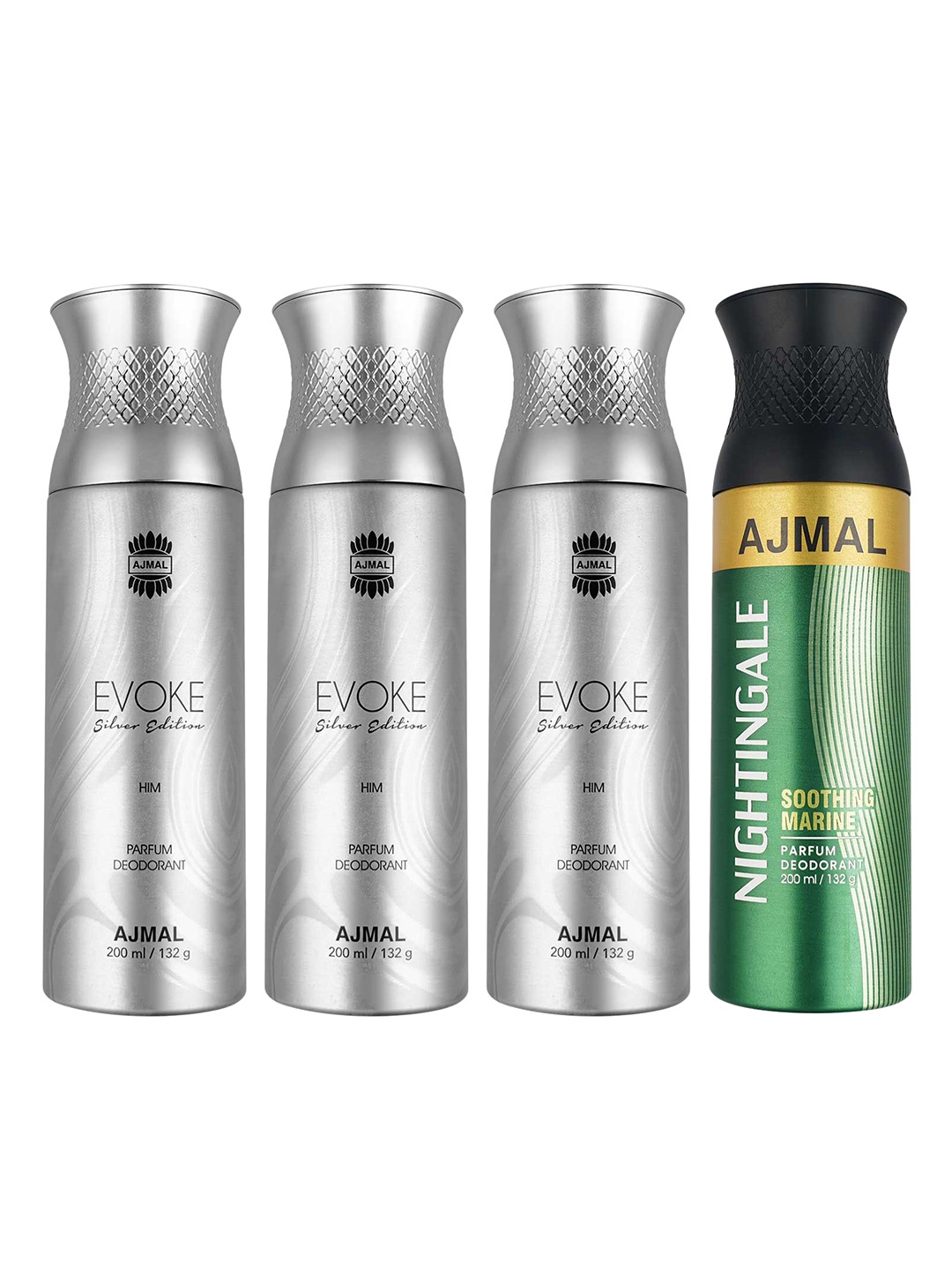 

Ajmal Pack of 4 Deodorants - 3 Evoke Silver Edition + Nightingale - 200 ml Each, Green