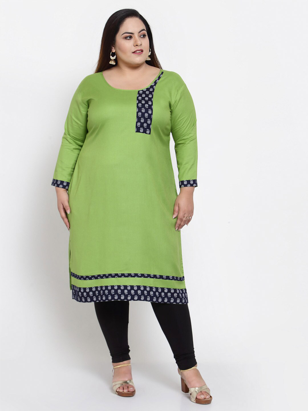 

FAZZN Women Plus Size Green & Navy Blue Geometric Printed Kurta