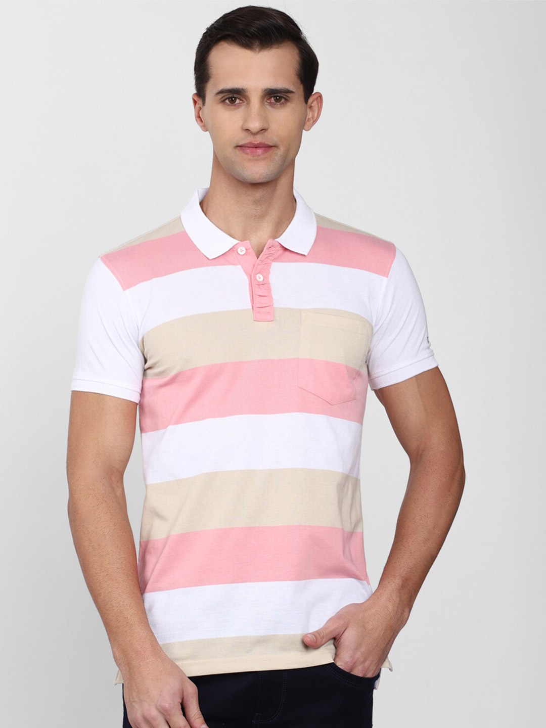 

Peter England Casuals Men White & Beige Colourblocked Polo Collar Slim Fit T-shirt