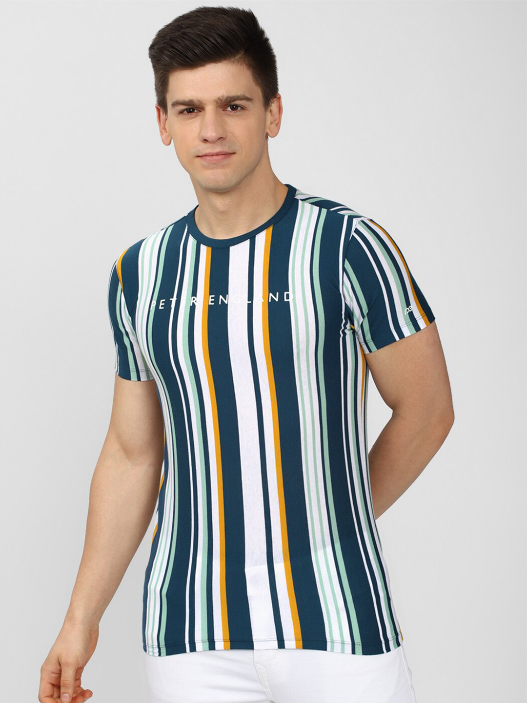 

Peter England Casuals Men Blue Striped T-shirt