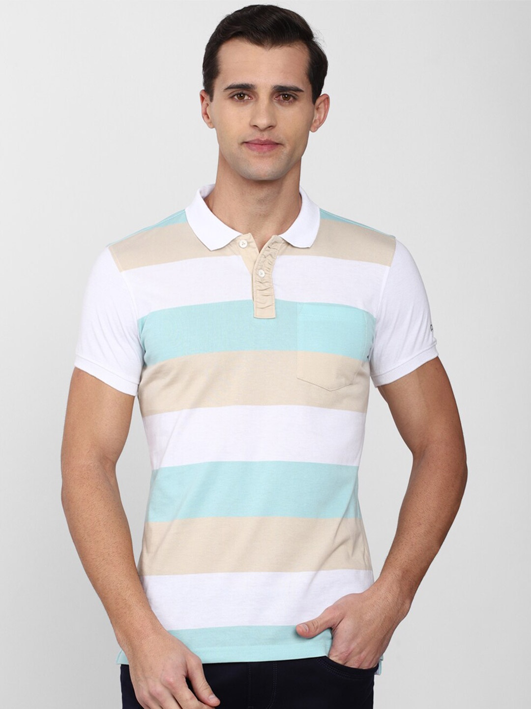 

Peter England Casuals Men White Striped Polo Collar Slim Fit T-shirt