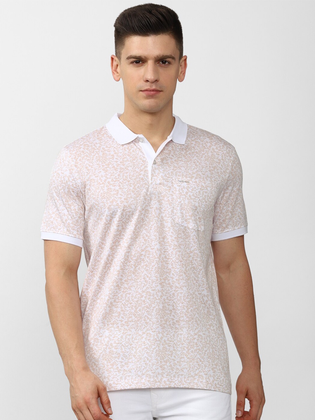 

Van Heusen Men Cream-Coloured & White Printed Polo Collar T-shirt