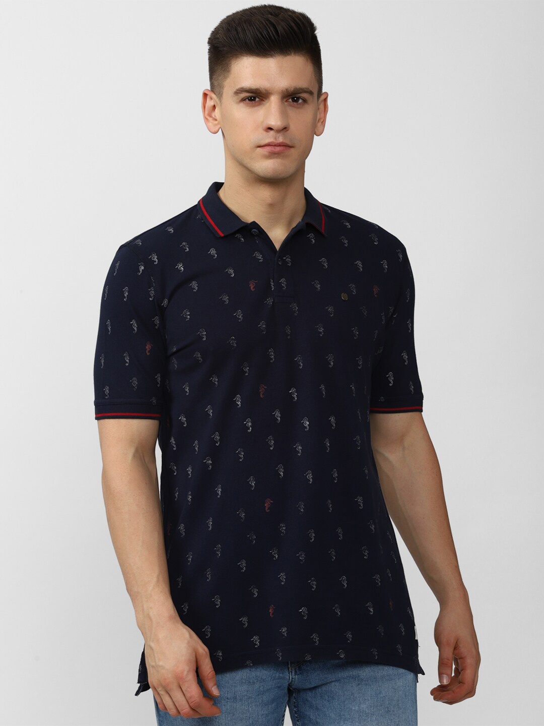 

VAN HEUSEN DENIM LABS Men Navy Blue Printed Polo Collar T-shirt