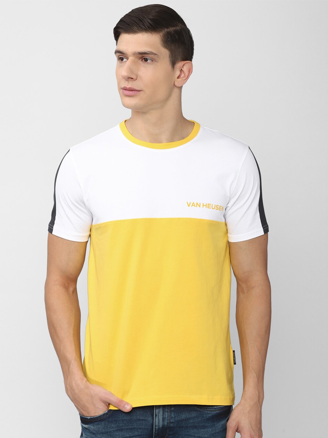 

Van Heusen Sport Men Yellow & White Brand Logo Colourblocked T-shirt