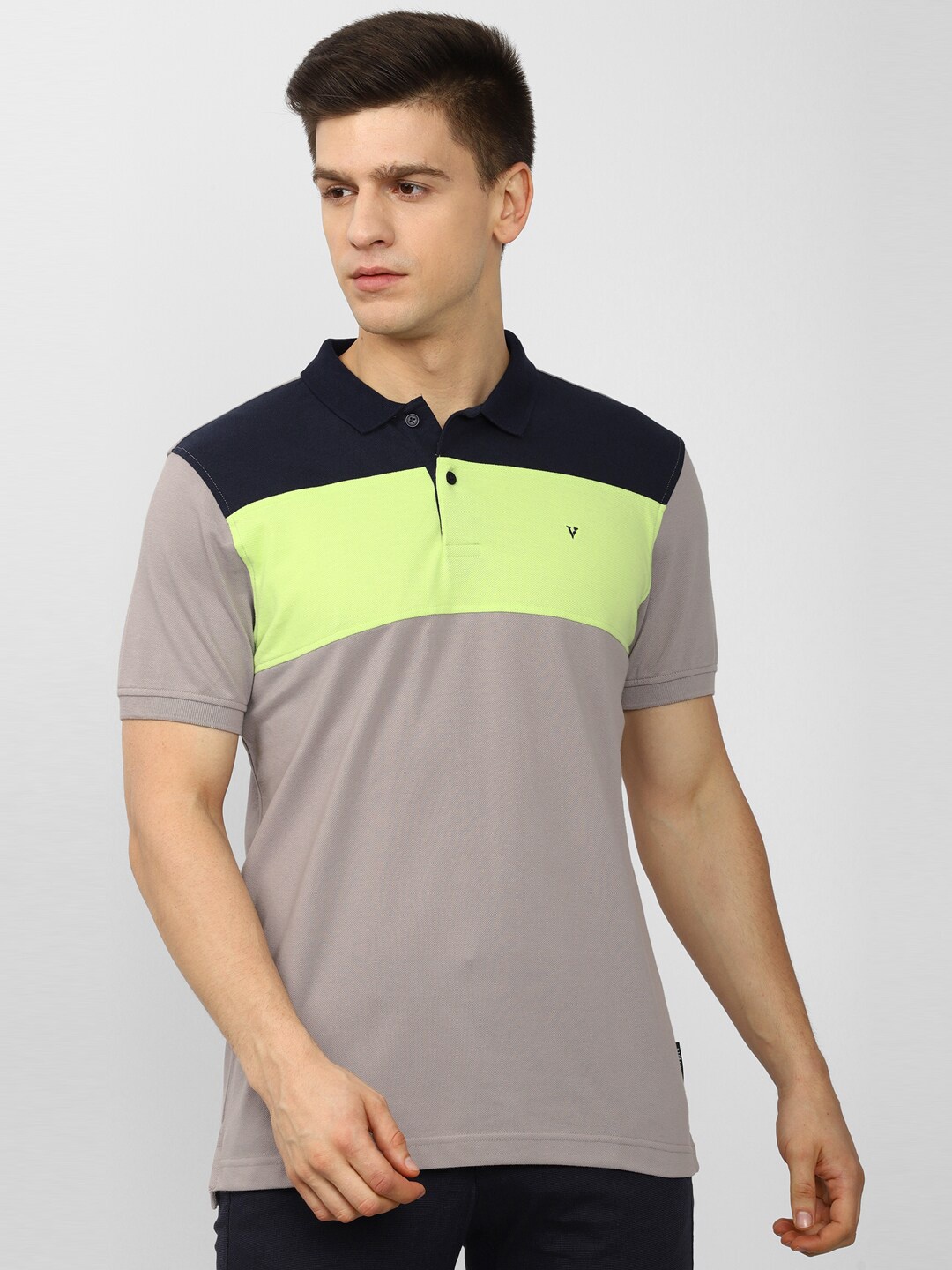 

Van Heusen Sport Men Grey, Navy Blue & Green Colourblocked Polo Collar T-shirt